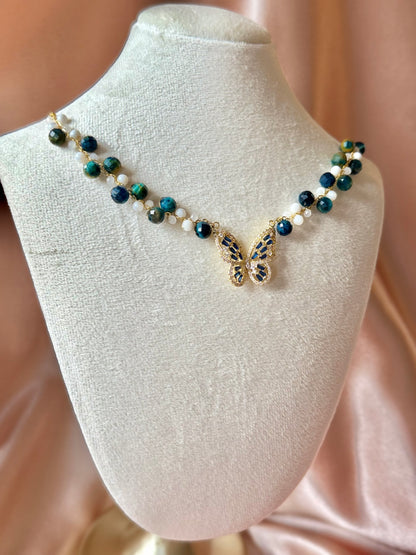 Blue Butterfly Necklace Handmade Braided Beaded | Natural Blue Tiger’s Eye Gemstone | Hypoallergenic| 18k Gold Plated