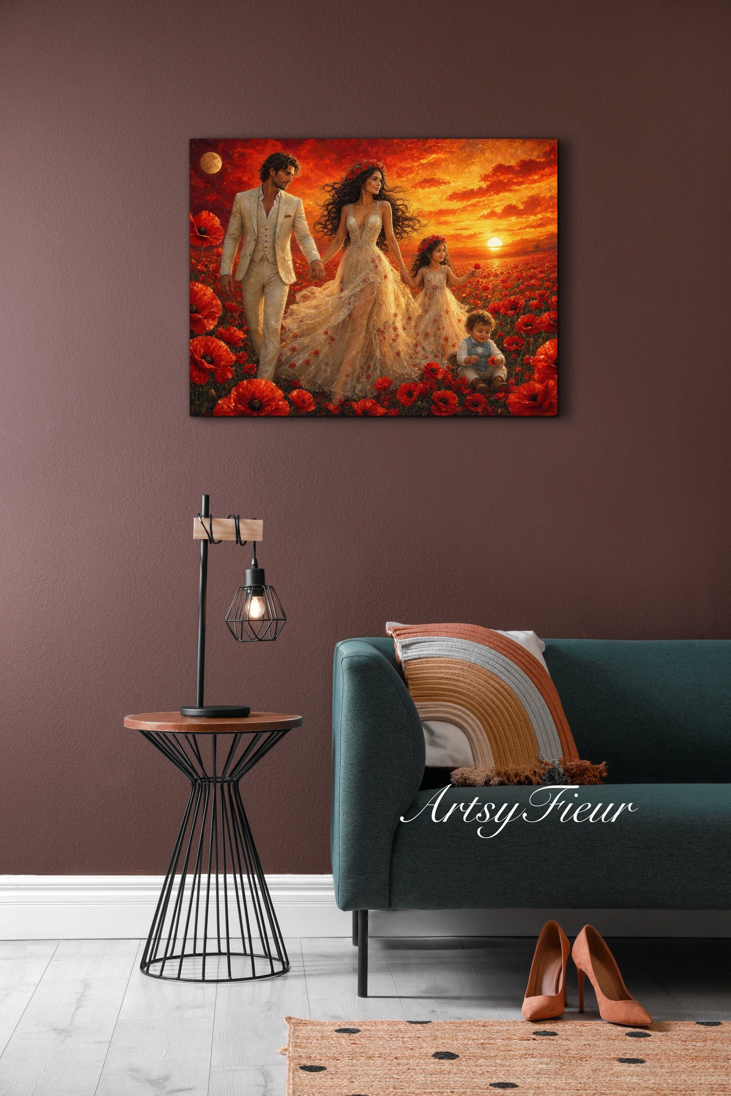 Framed Canvas- Vibrant Poppies Field Bride Groom Mother Daughter and Baby boy Portrait Whimsical Full Moon Sunset Fantasy Oil Painting Wall Art Print