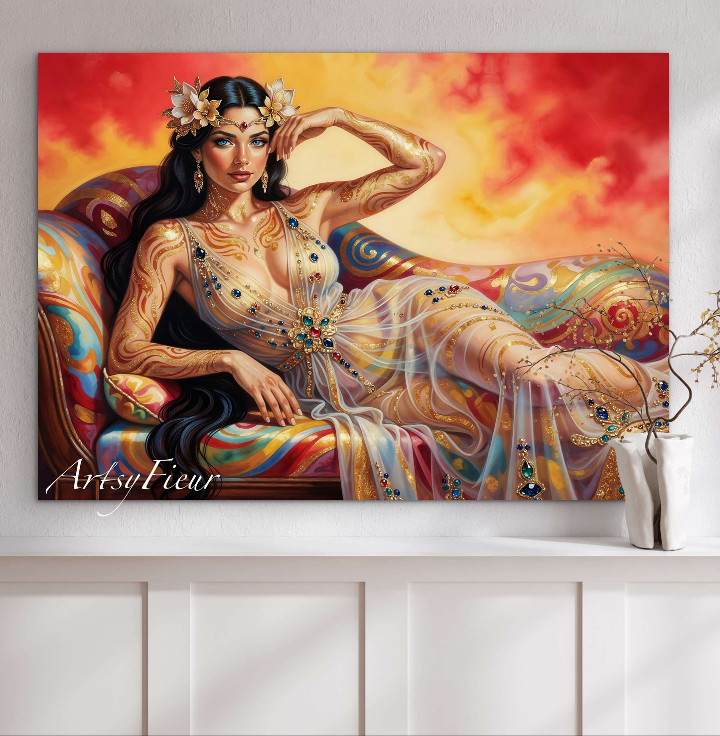 Framed canvas Beautiful Brunette on colourful sofa vibrant wall art abstract portrait, vibrant colours fantasy watercolour painting Ready to Hang Living Room Wall Art Print