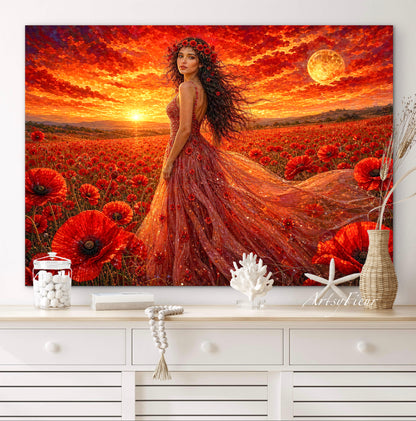 Framed Canvas - Vibrant Poppies Whimsical Full Moon Bride in Poppy Field, Wall Art Ready to hang Oil Painting Original Artwork Print