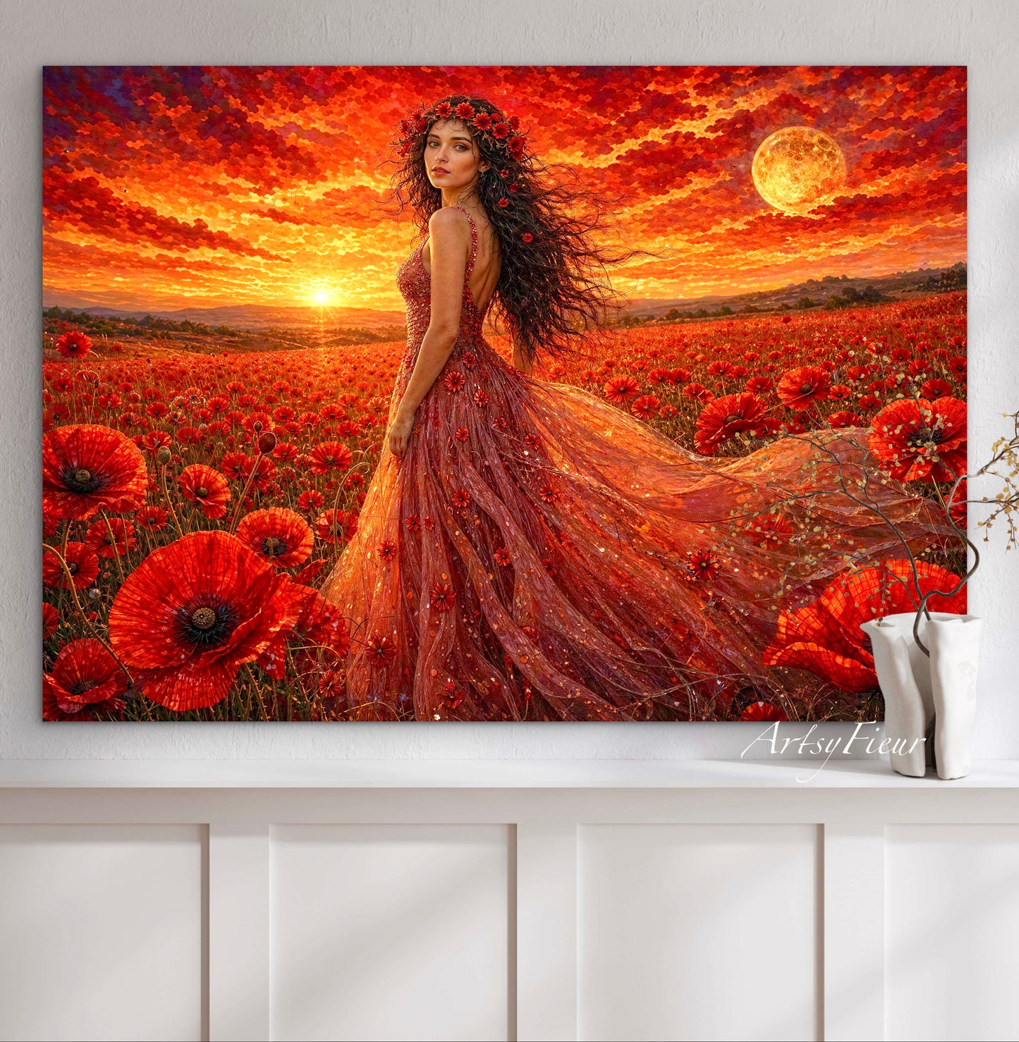 Framed Canvas - Vibrant Poppies Whimsical Full Moon Bride in Poppy Field, Wall Art Ready to hang Oil Painting Original Artwork Print