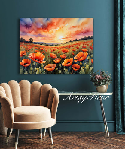 Framed canvas- ready to hand wall art print, beautiful vibrant colours watercolour fantasy painting poppy field at sunset flowers , floral field landscape, unique gift,  one of a kind original artwork