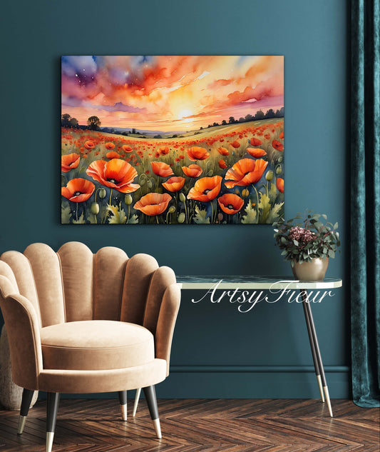 Framed canvas- ready to hand wall art print, beautiful vibrant colours watercolour fantasy painting poppy field at sunset flowers , floral field landscape, unique gift,  one of a kind original artwork