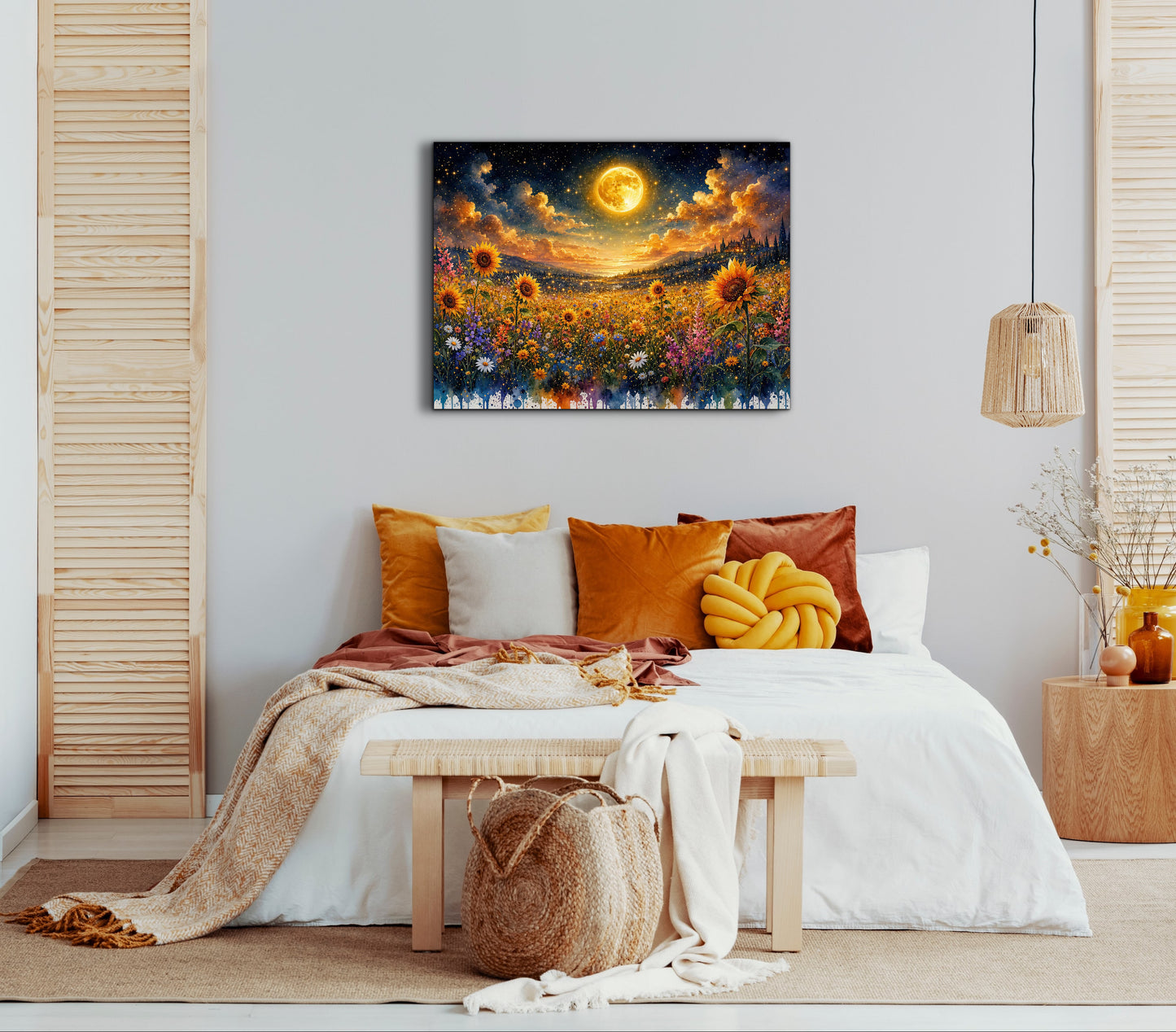 Framed Canvas- Beautiful Vibrant Colours Full Moon Floral Landscape, Wildflowers and Sunflowers Field under Night Sky Living Room Wall Art