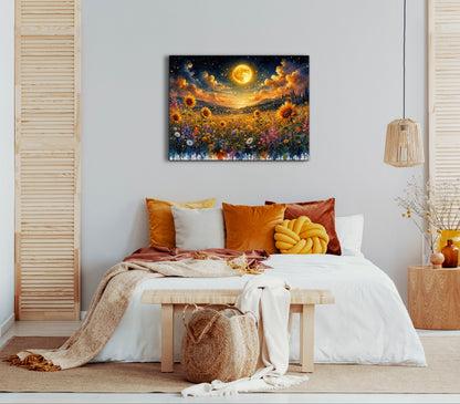 Framed Canvas- Beautiful Vibrant Colours Full Moon Floral Landscape, Wildflowers and Sunflowers Field under Night Sky Living Room Wall Art
