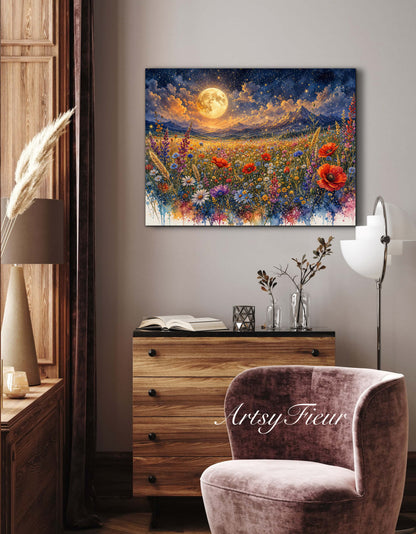 Framed Canvas Print- Vibrant Wildflowers and Poppies Oil Painting Textured Wall Art , Beautiful Original Artwork Ready to Hang Living Room, Floral