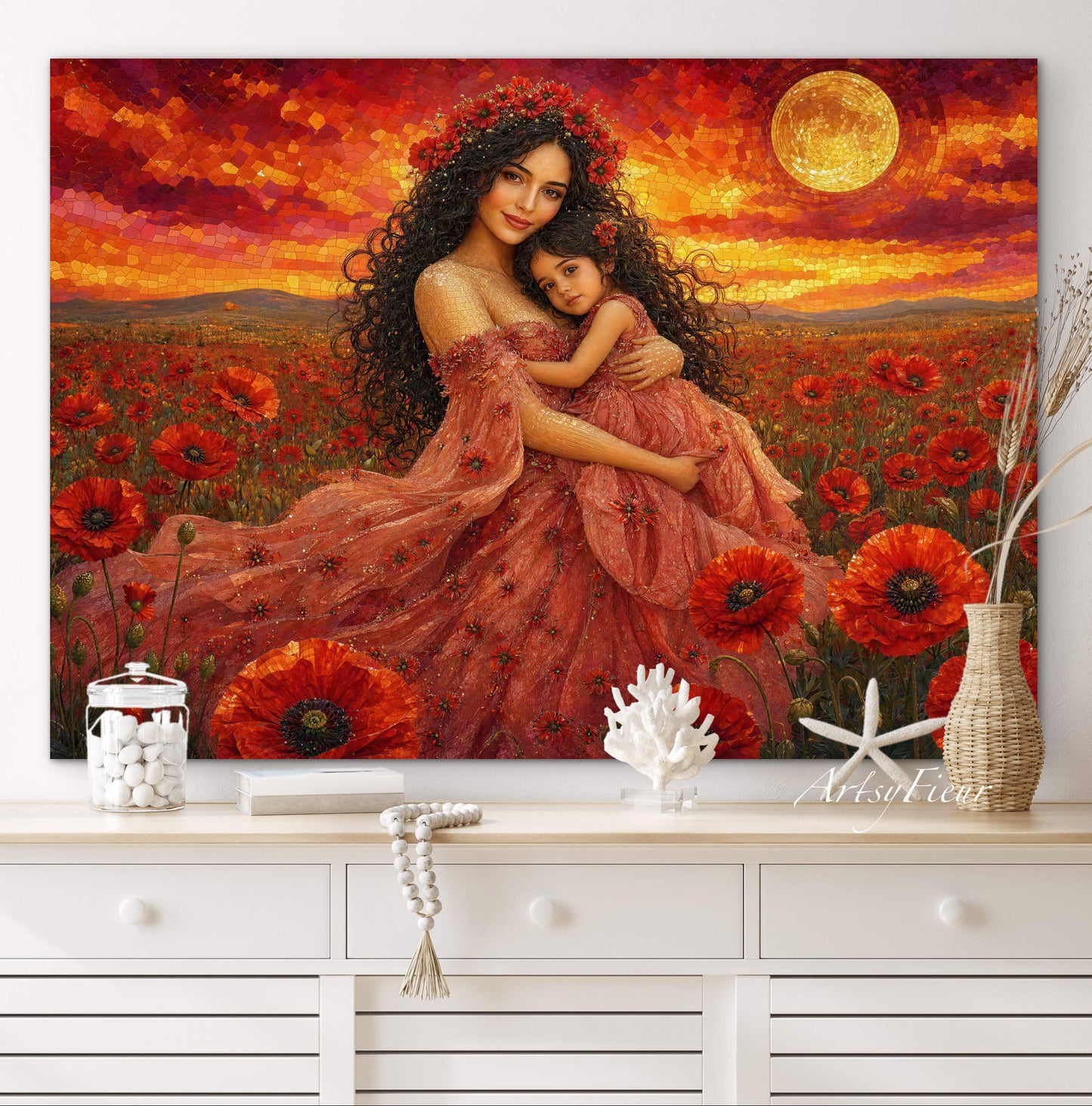 Framed Canvas- Vibrant Poppies Field Mother and Daughter Portrait Whimsical Full Moon Sunset Fantasy Oil Painting Wall Art Print