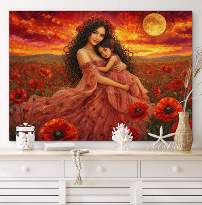 Framed Canvas- Vibrant Poppies Field Mother and Daughter Portrait Whimsical Full Moon Sunset Fantasy Oil Painting Wall Art Print