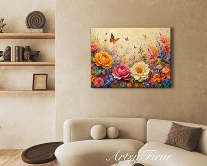 Framed Canvas Print- Vibrant Wildflowers and Petunias Oil Painting Textured Wall Art , Beautiful Original Artwork Ready to Hang Living Room, Floral