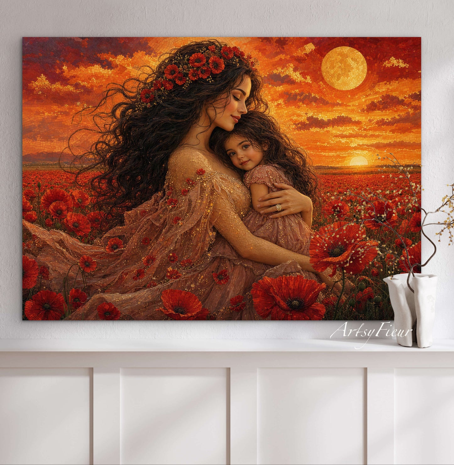 Framed Canvas- Vibrant Poppies Field Mother and Daughter Portrait Whimsical Full Moon Sunset Fantasy Oil Painting Wall Art Print