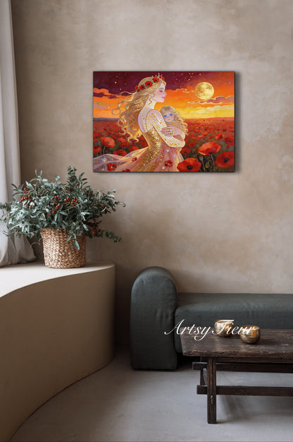 Framed Canvas- Vibrant Poppies Field Mother and Daughter Portrait Whimsical Full Moon Sunset Fantasy Oil Painting Wall Art Print