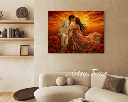 Framed canvas- whimsical full moon sunset bride and groom, wedding, poppy field, vibrant colours living room original artwork, fantasy oil painting wall art print