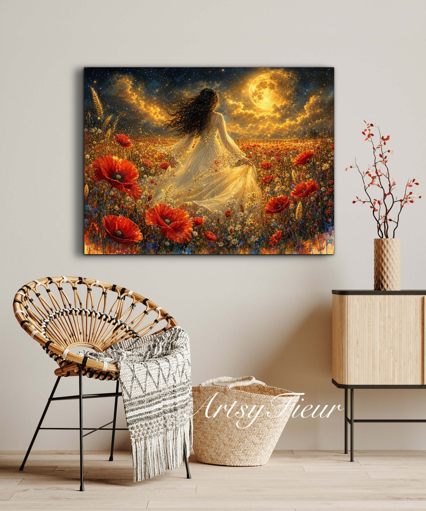 Framed Canvas - Vibrant poppies and wildflowers Whimsical Full Moon starry night sky Bride in Poppy Field, Wall Art Ready to hang original Artwork Print