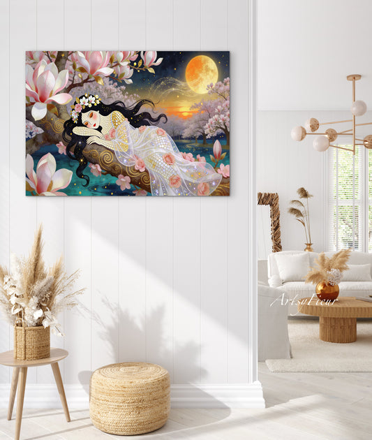Framed Canvas- Vibrant Magnolia Flowers Beautiful Brunette Woman’s Abstract Portrait Mosaic Original Artwork Fantasy Wall Art Print