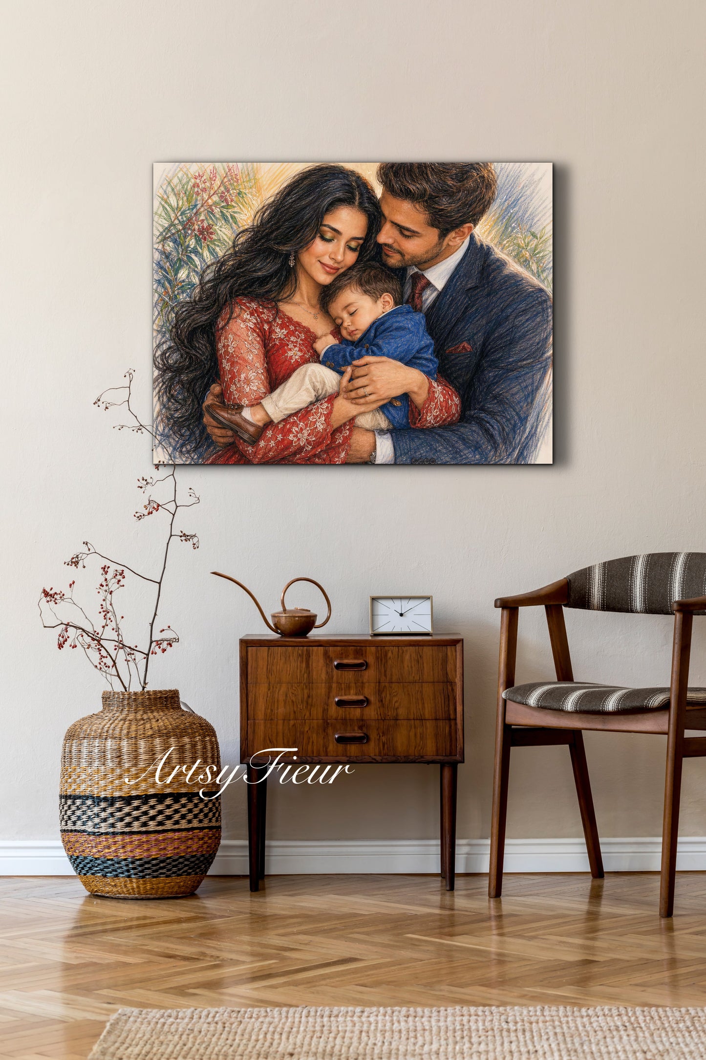 Framed Canvas- Vibrant Mother and Son Dad Family Portrait Fantasy Drawing Wall Art Print