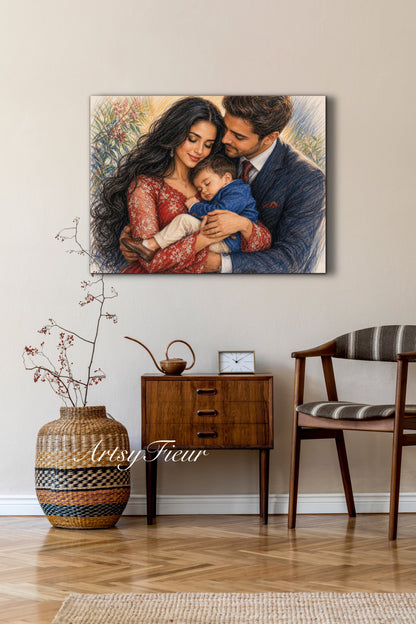 Framed Canvas- Vibrant Mother and Son Dad Family Portrait Fantasy Drawing Wall Art Print