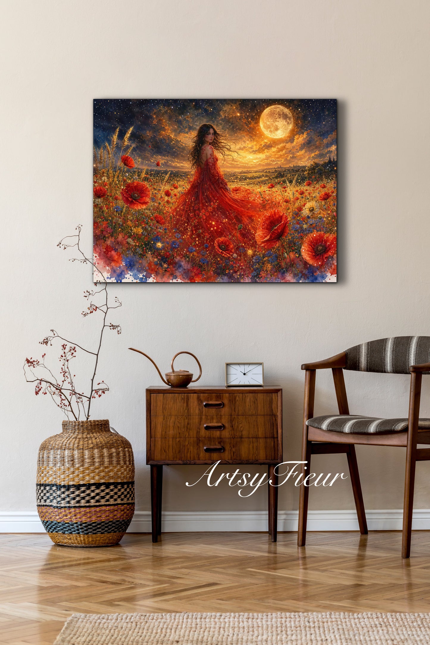 Framed Canvas - Vibrant poppies and wildflowers Whimsical Full Moon starry night sky Bride in Poppy Field, Wall Art Ready to hang original Artwork Print Red Dress