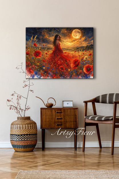 Framed Canvas - Vibrant poppies and wildflowers Whimsical Full Moon starry night sky Bride in Poppy Field, Wall Art Ready to hang original Artwork Print Red Dress
