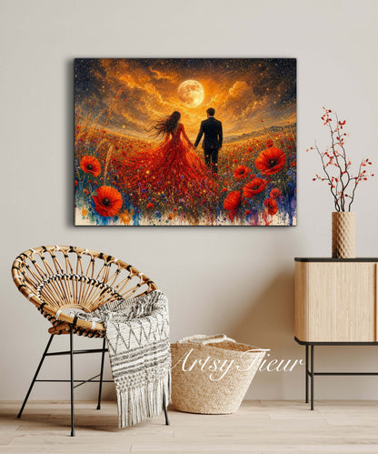 Framed canvas- whimsical full moon sunset -bride and groom, wedding gift, fantasy oil painting bedroom wall art print floral poppies field colourful vibrant colours