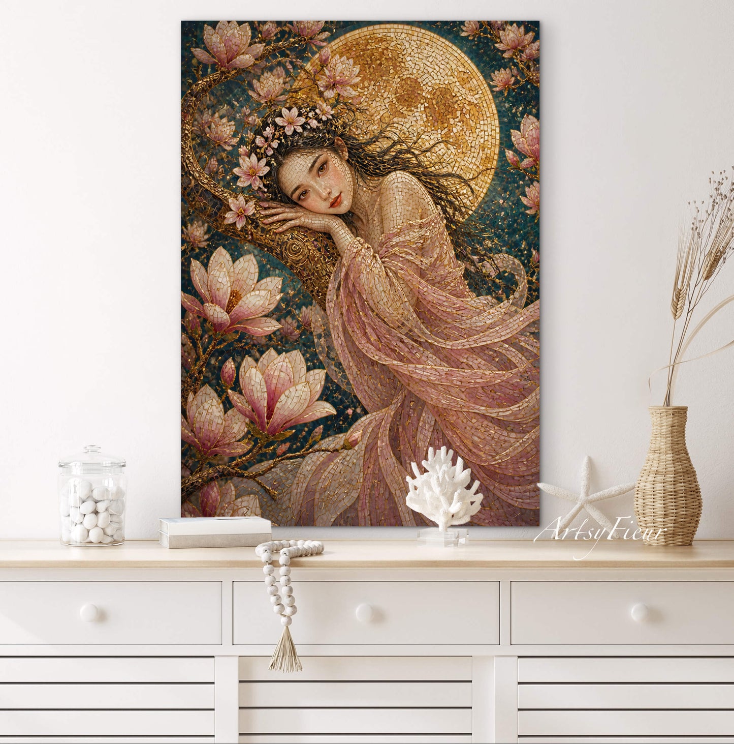 Framed canvas- Abstract Portrait Mosaic Fairy Beautiful Brunette Woman Vibrant Magnolia Flowers Fantasy Wall Art Print