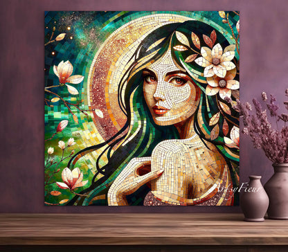 Framed canvas- Original Artwork Vibrant Magnolia Flowers Mosaic Portrait Beautiful Brunette Woman Wall Art Print