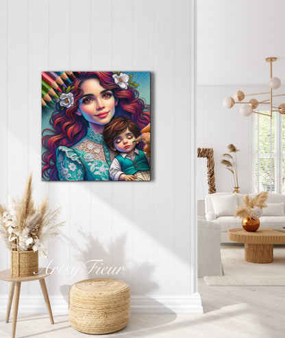 Framed canvas- ready to hang wall art print, colourful drawing abstract portrait mother and son vibrant colours, dark hair brunette beautiful woman , mum and baby boy, motherhood, mothers day gift, unique original artwork
