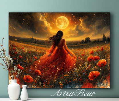 Framed Canvas - Vibrant poppies and wildflowers Whimsical Full Moon starry night sky Bride in Poppy Field, Wall Art Ready to hang original Artwork Print Red Dress
