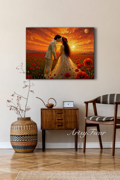 Framed canvas- whimsical full moon sunset bride and groom, wedding, poppy field, vibrant colours living room original artwork, fantasy oil painting wall art print