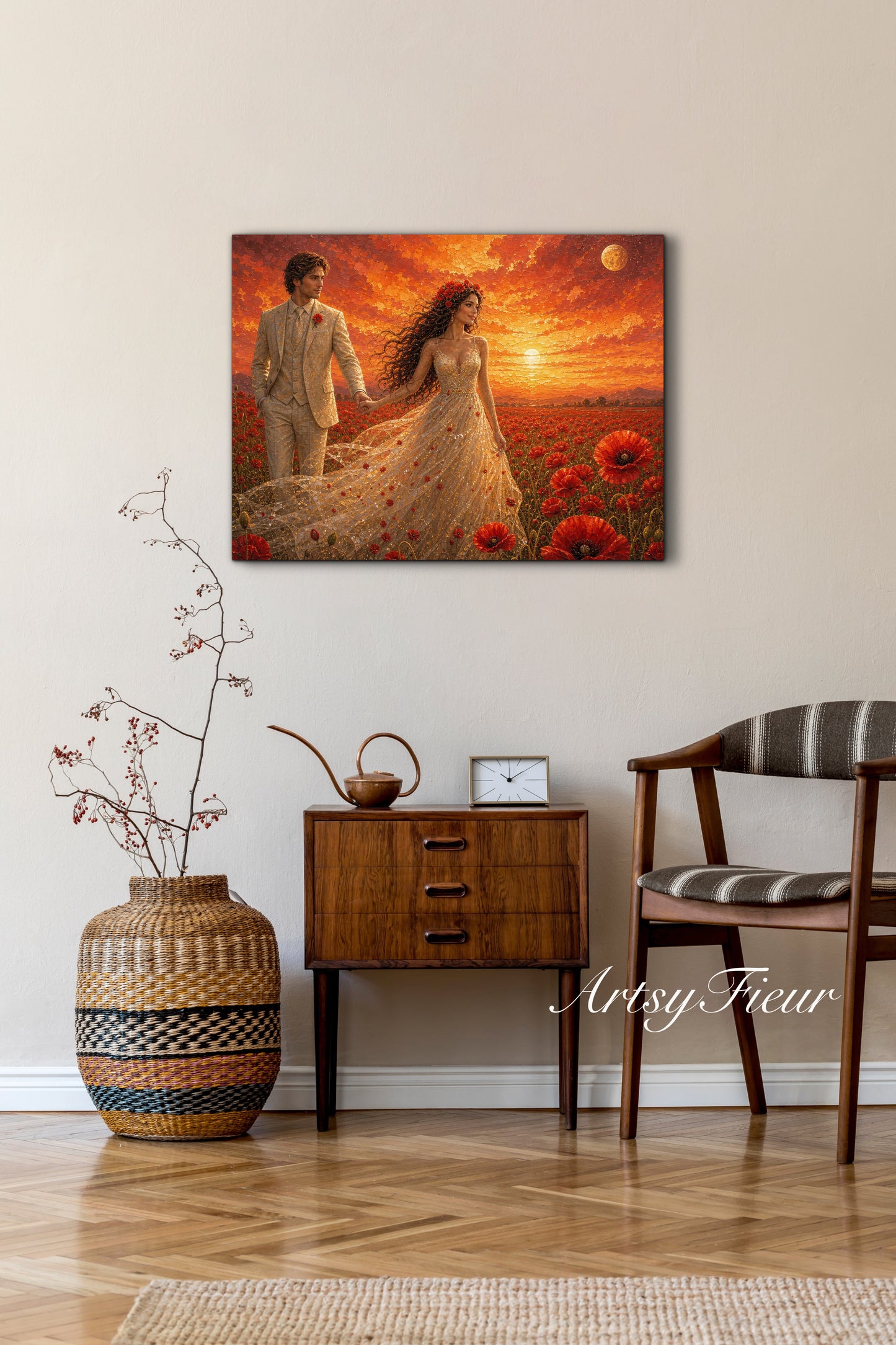 Framed canvas- whimsical full moon sunset -bride and groom, wedding gift, fantasy oil painting bedroom wall art print floral poppies field colourful vibrant colours