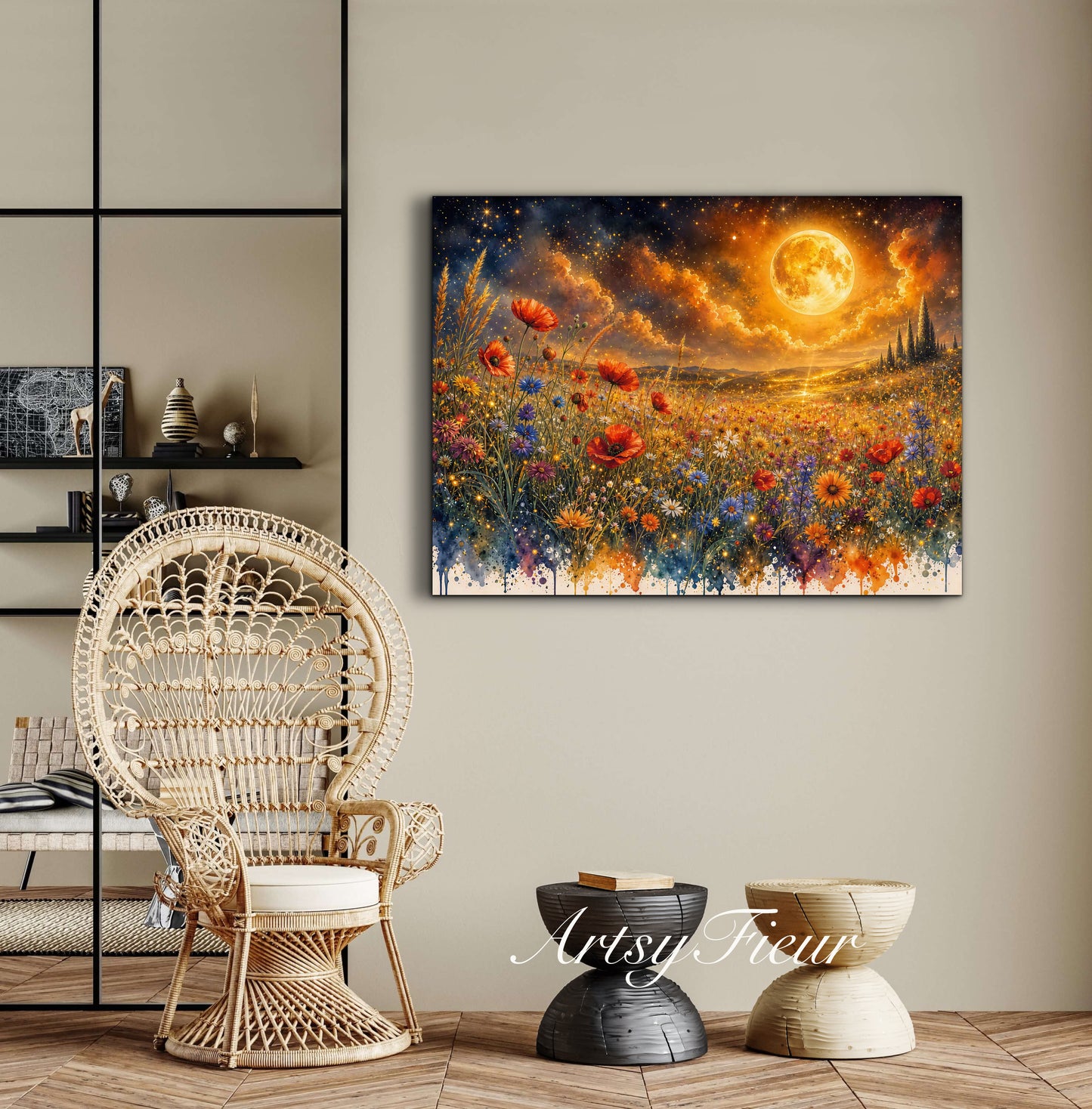 Framed Canvas Print- Vibrant Wildflowers and Poppies Oil Painting Textured Wall Art , Beautiful Original Artwork Ready to Hang Living Room, Floral
