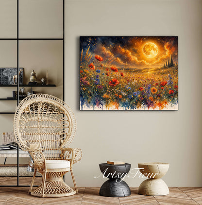 Framed Canvas Print- Vibrant Wildflowers and Poppies Oil Painting Textured Wall Art , Beautiful Original Artwork Ready to Hang Living Room, Floral