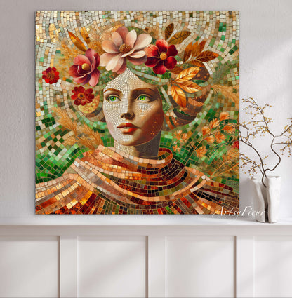Framed canvas- Original Artwork Vibrant Magnolia Flowers Mosaic Portrait Beautiful Brunette Woman Wall Art Print