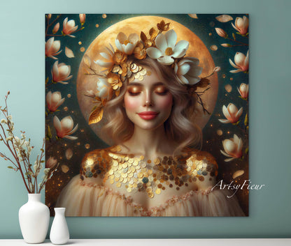 Framed canvas- beautiful blonde woman vibrant magnolia flowers ready to hang wall art print, abstract portrait colourful