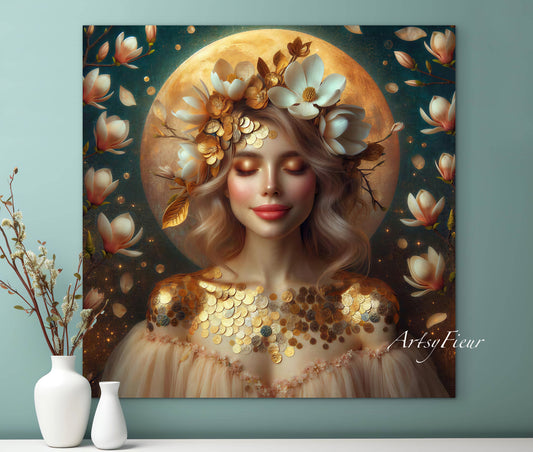 Framed canvas- beautiful blonde woman vibrant magnolia flowers ready to hang wall art print, abstract portrait colourful