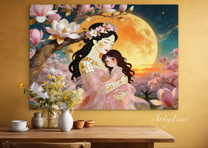 Framed Canvas- Vibrant Magnolia Flowers Mother and Daughter Portrait Original ArtworkFantasy Wall Art
