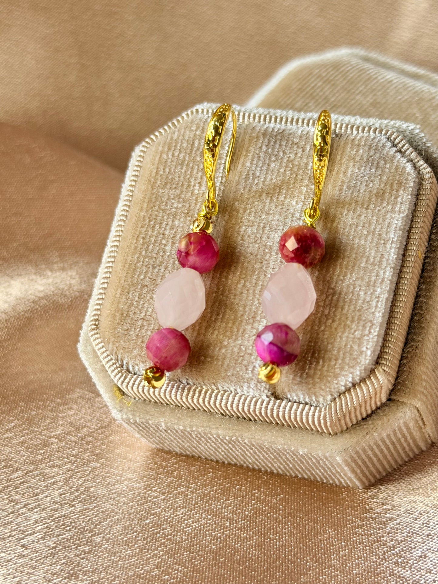 Rose Quartz Earrings Pink Tigers Eye Natural Gemstone Dangle Drop Long Earrings Hypoallergenic