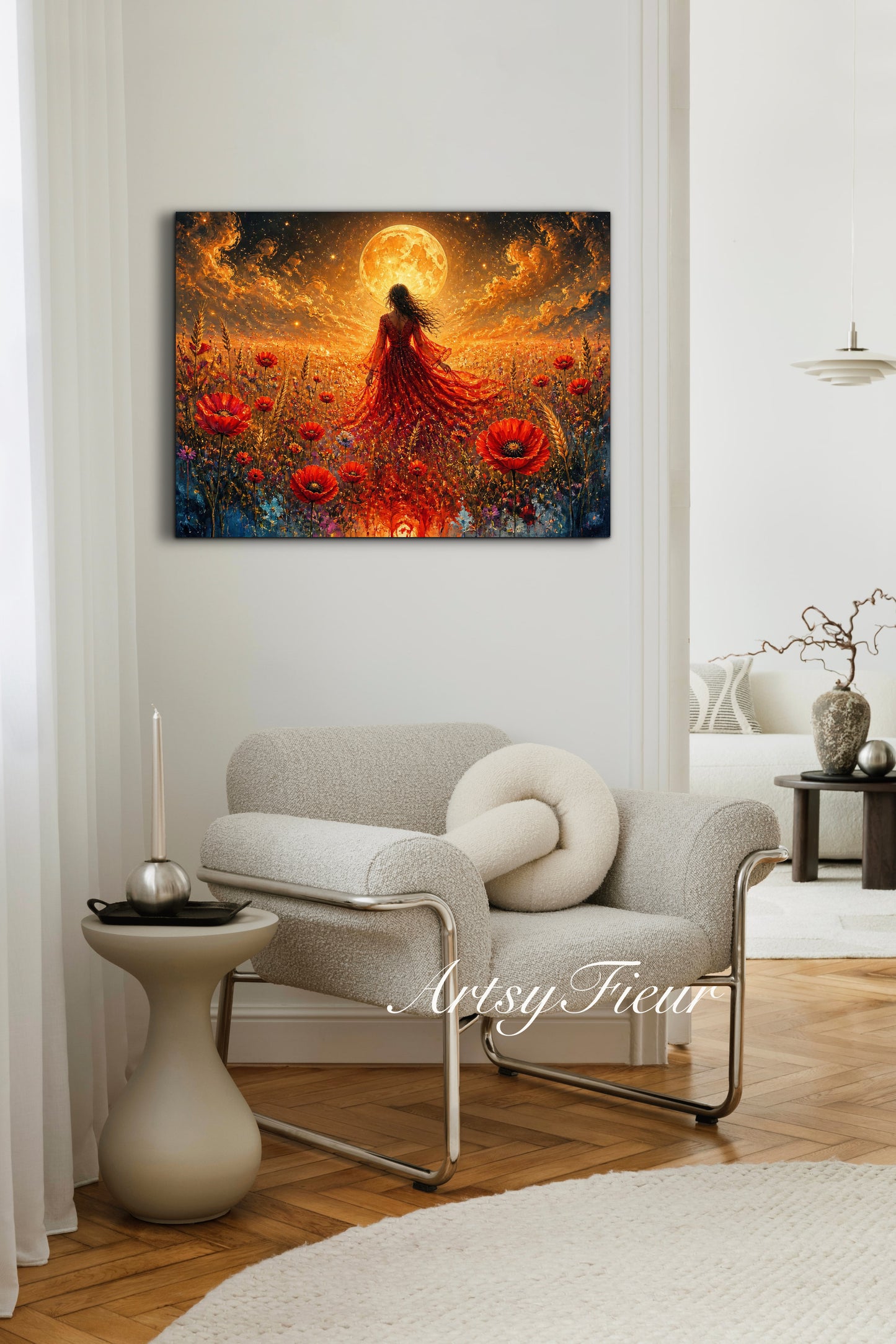 Framed Canvas - Vibrant poppies and wildflowers Whimsical Full Moon starry night sky Bride in Poppy Field, Wall Art Ready to hang original Artwork Print Red Dress