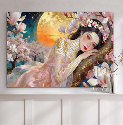 Framed Canvas- Vibrant Magnolia Flowers Beautiful Brunette Woman’s Abstract Portrait Mosaic Original Artwork Fantasy Wall Art Print