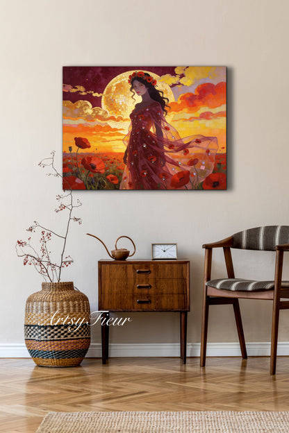 Framed Canvas - Vibrant Poppies Whimsical Full Moon Beautiful Brunette Woman in the Poppy Field, Wall Art Ready to hang Oil Painting Original Artwork Print