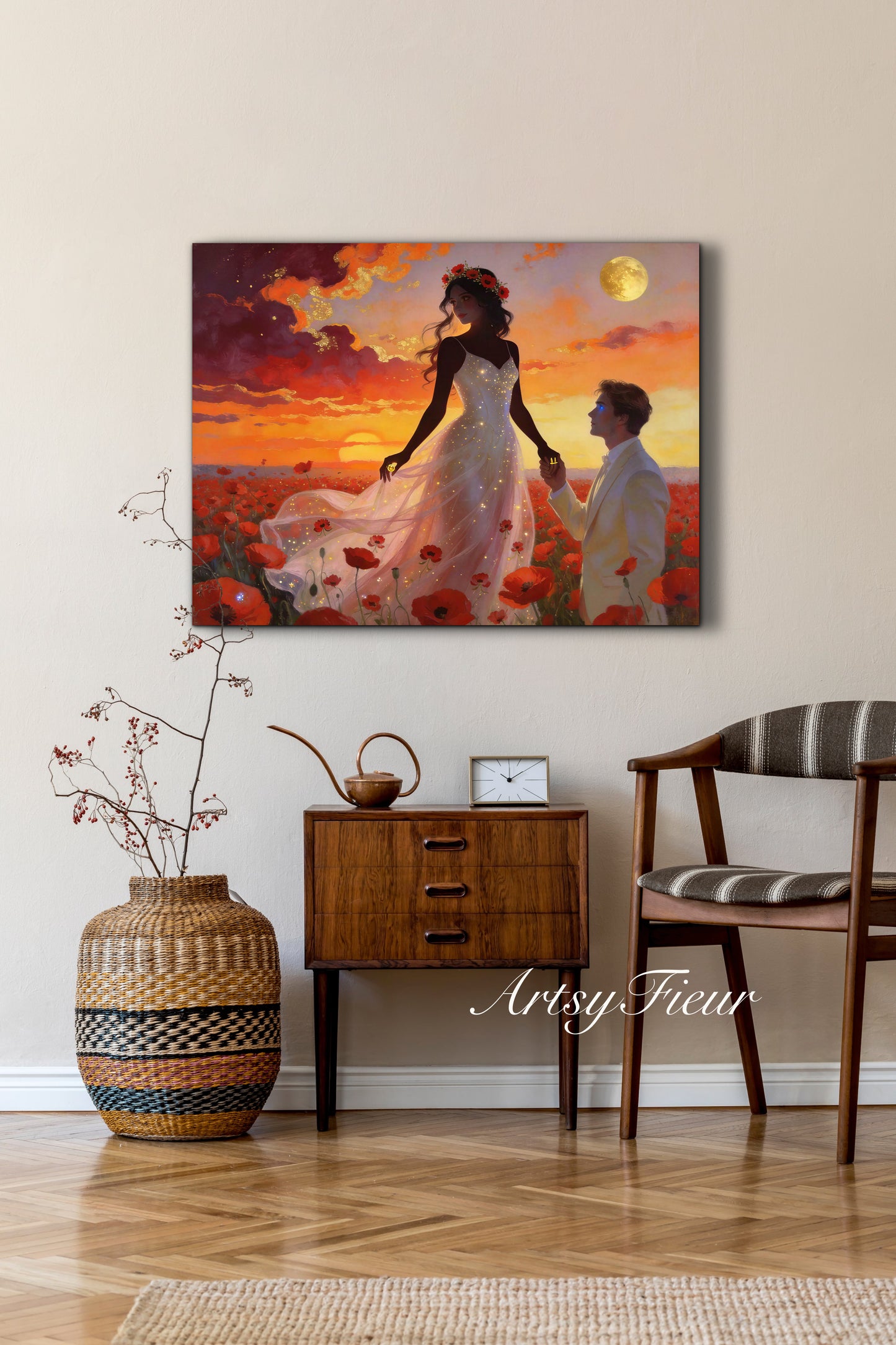 Framed canvas- whimsical full moon sunset bride and groom, wedding, poppy field, vibrant colours living room original artwork, fantasy watercolour paintingwall art print