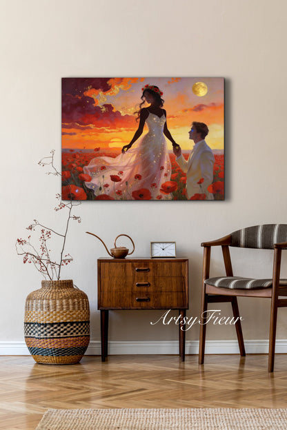 Framed canvas- whimsical full moon sunset bride and groom, wedding, poppy field, vibrant colours living room original artwork, fantasy watercolour paintingwall art print