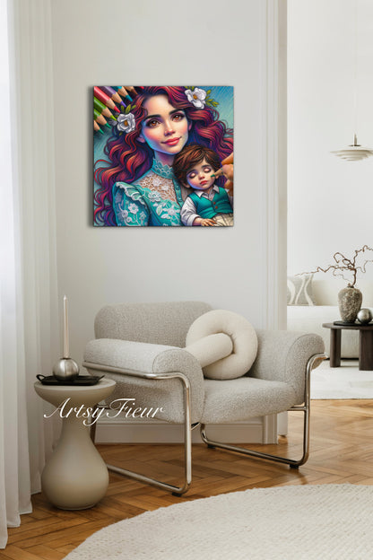 Framed canvas- ready to hang wall art print, colourful drawing abstract portrait mother and son vibrant colours, dark hair brunette beautiful woman , mum and baby boy, motherhood, mothers day gift, unique original artwork