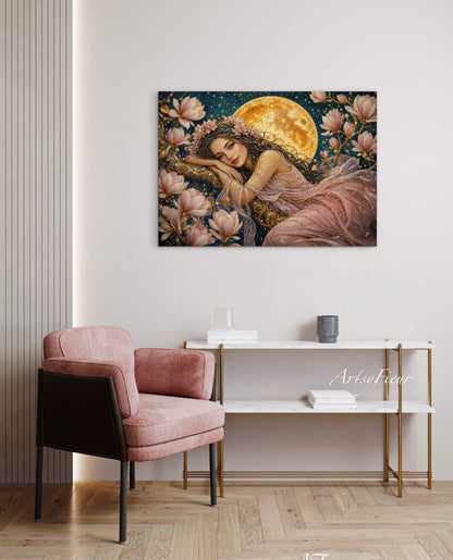 Framed Canvas- Vibrant Magnolia Flowers Beautiful Brunette Woman’s Abstract Portrait Mosaic Original Artwork Fantasy Wall Art Print