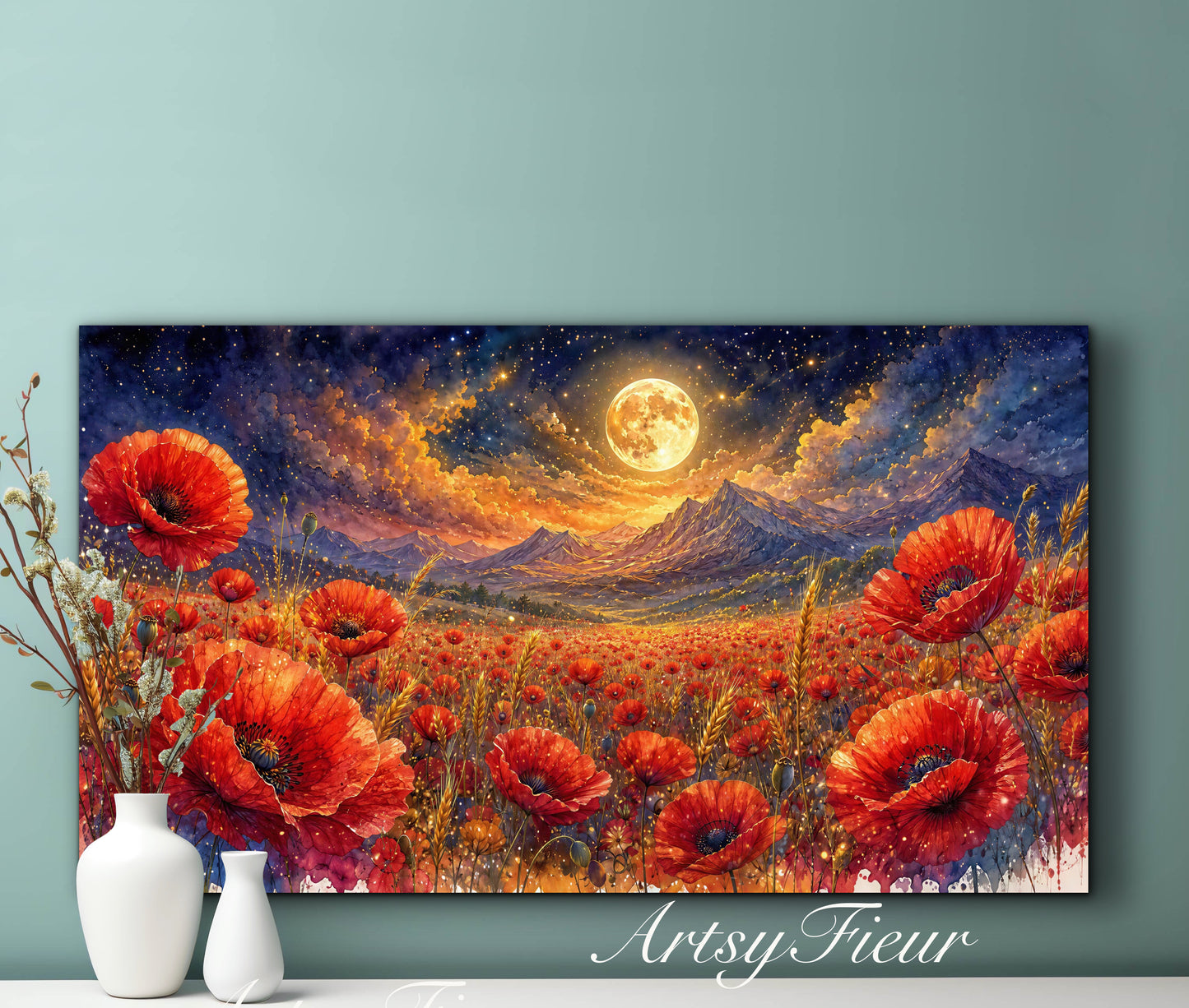 ArtsyFieur Framed Canvas - vibrant poppies whimsical lights full moon living room colourful wall art