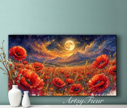 ArtsyFieur Framed Canvas - vibrant poppies whimsical lights full moon living room colourful wall art