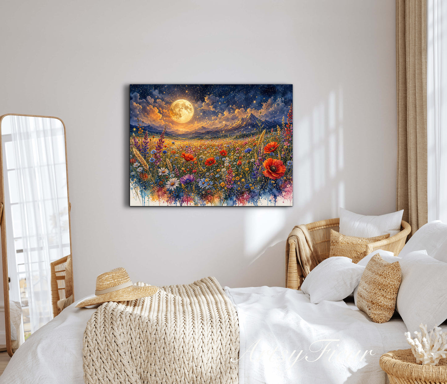 Framed Canvas Print- Vibrant Wildflowers and Poppies Oil Painting Textured Wall Art , Beautiful Original Artwork Ready to Hang Living Room, Floral