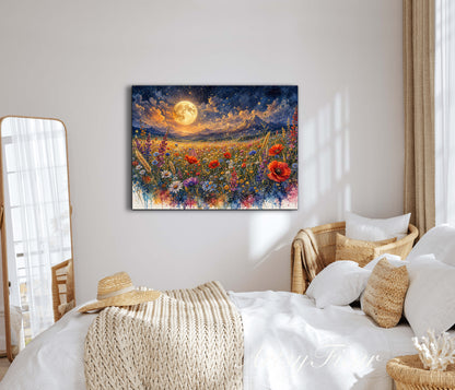 Framed Canvas Print- Vibrant Wildflowers and Poppies Oil Painting Textured Wall Art , Beautiful Original Artwork Ready to Hang Living Room, Floral