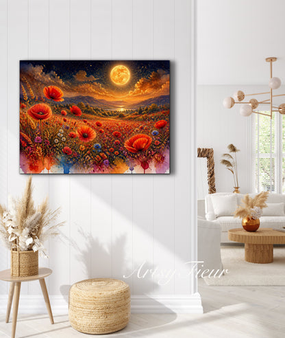 Framed Canvas Print- Vibrant Wildflowers and Poppies Oil Painting Textured Wall Art , Beautiful Original Artwork Ready to Hang Living Room, Floral
