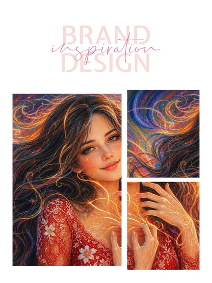 Framed canvas- vibrant colours abstract portrait beautiful brunette girl original artwork, dark hair beautiful woman, artistic colourful drawing unique print wall art