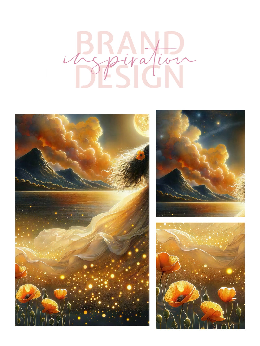 Abstract beautiful bride woman portrait, gold full moon, whimsical night sky, fantasy wall art, poppies, floral
